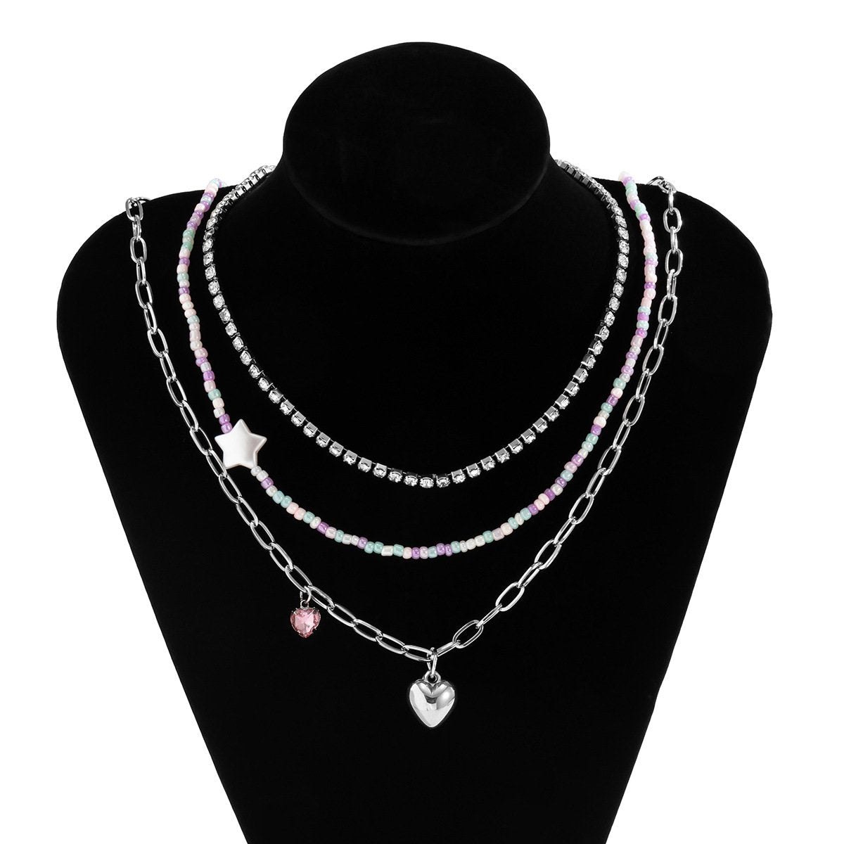 Jewelry Sweet Cool Pink Diamond Peach Heart Pendant Rice Bead Necklace Simple Diamond Chain Clavicle Necklace