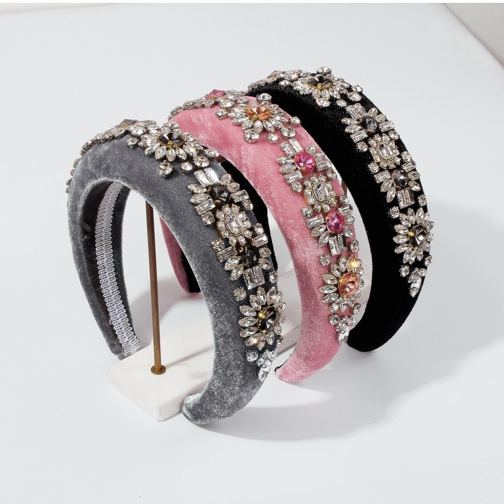 F3617 Autumn and Winter Exaggerated Series Headband Thick Sponge Geometric Full Diamond Palace Hair Ornament Gold Velvet Flower Headband Female