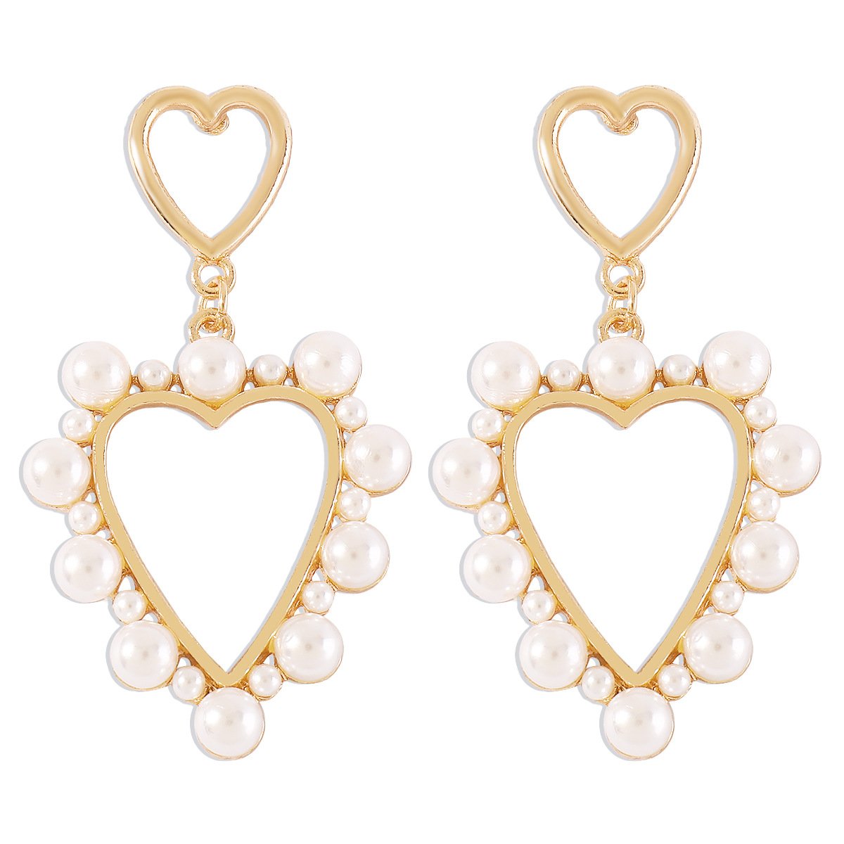 176 Retro Sweet Pearl Earrings Double Heart Hollow Earrings French Light Luxury Temperament Romantic Earrings