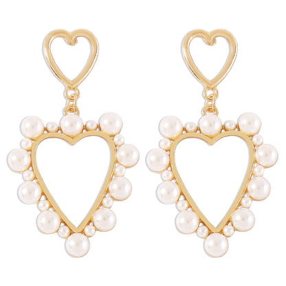 176 Retro Sweet Pearl Earrings Double Heart Hollow Earrings French Light Luxury Temperament Romantic Earrings