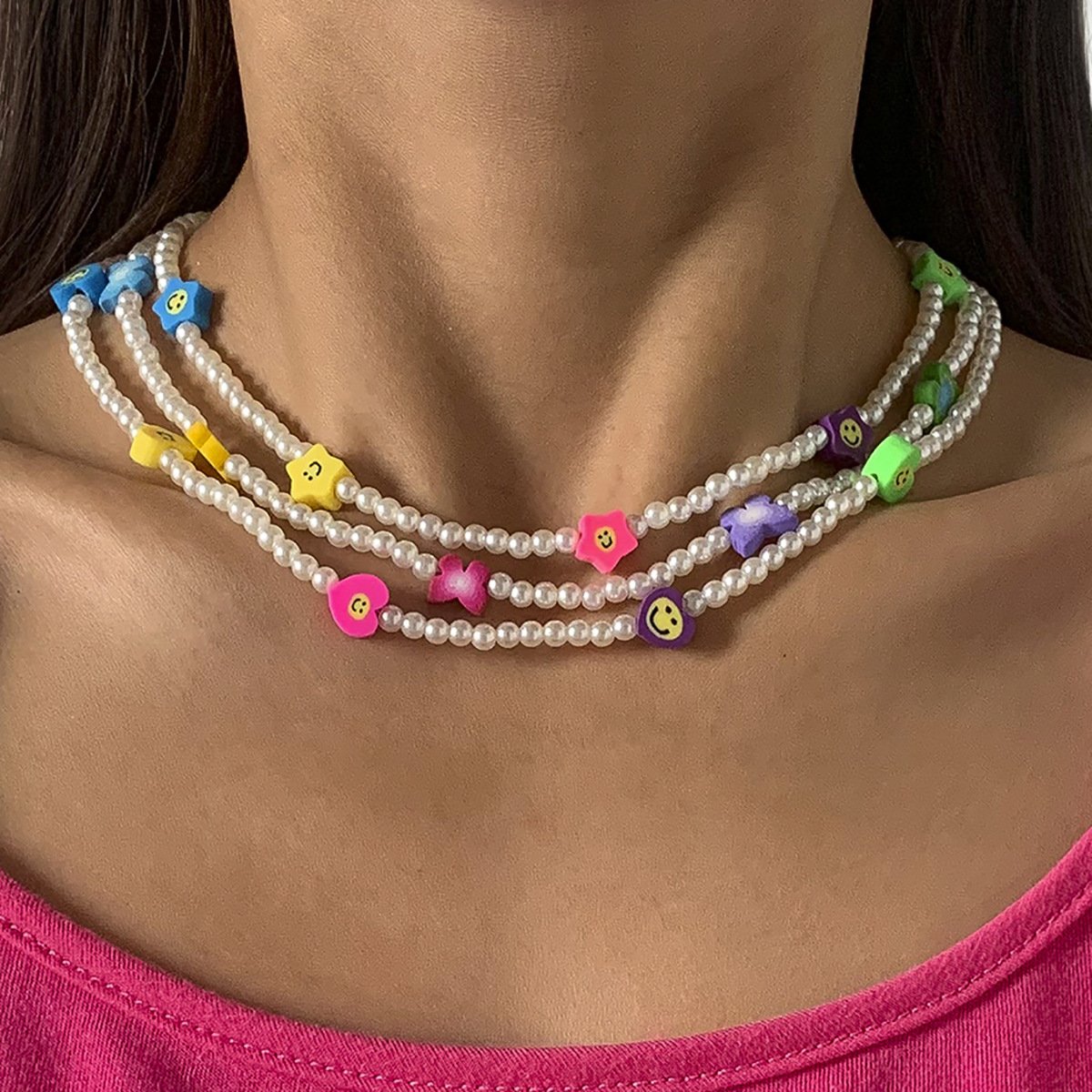Ornament Imitation Pearl Beach Soft Pottery Clavicle Necklace Simple Butterfly Star Smiley Face Necklace