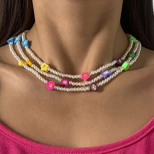 Ornament Imitation Pearl Beach Soft Pottery Clavicle Necklace Simple Butterfly Star Smiley Face Necklace