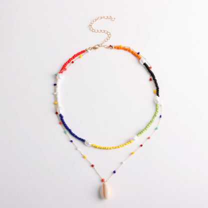 Jewelry temperament simple colorful bead shell pendant necklace female trend punk rice bead pearl necklace