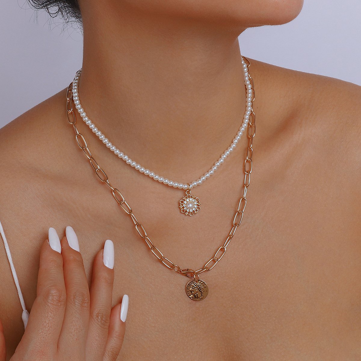 N889 Jewelry Temperament Elegant Pearl Multi-layer Necklace Micro-inlaid Portrait Fashion Stacked Necklace Women
