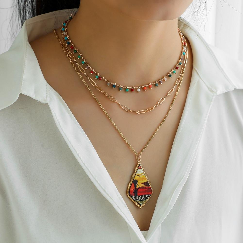 Personalized bohemian colorful rice bead necklace creative wooden retro pattern pendant three-layer necklace trendy