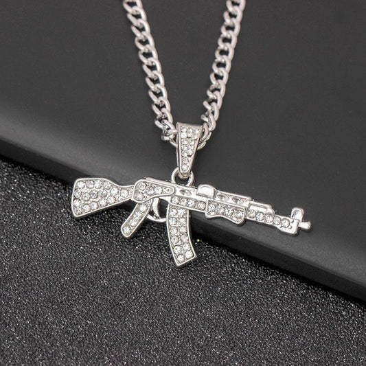 Fashion diamond-studded long gun necklace creative hip-hop submachine gun pendant jewelry