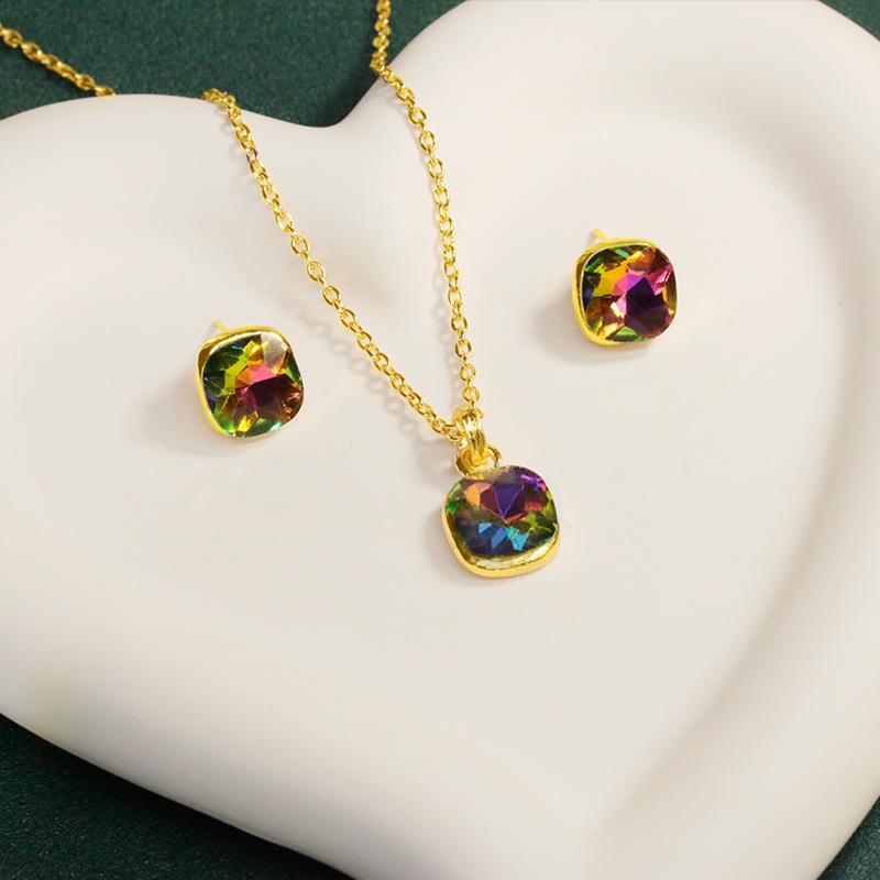 Explosive Jewelry Fashion Earrings Necklace Set Female Seven Color Square Diamond Pendant Earrings Jewelry