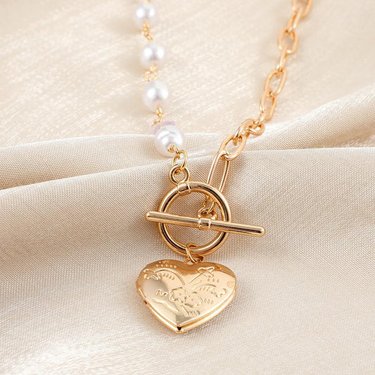 Love Pendant Can Open Peach Heart Photo Box Pearl Stone Stitching Clavicle Chain Necklace Female