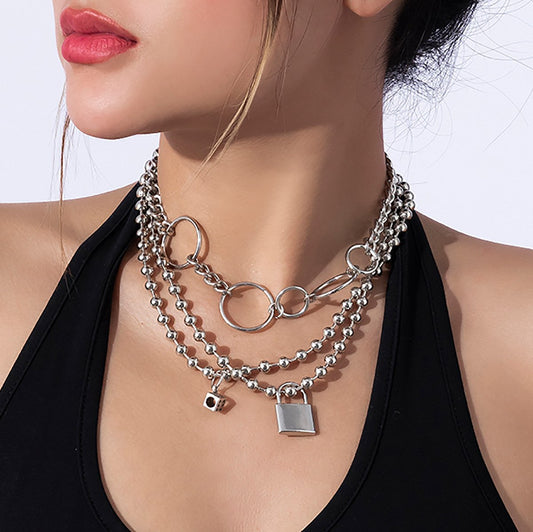 Jewelry irregular ring bead chain necklace punk mix and match dice lock multi-layer necklace female