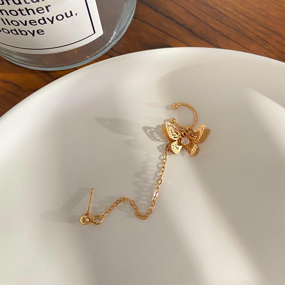 ins simple one-piece butterfly ear clip retro long tassel earrings elegant temperament earrings jewelry female