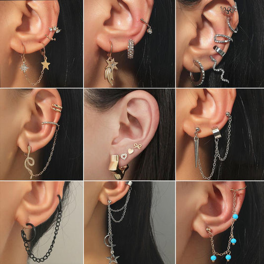 Simple Ear Stud Set Beaded Star Chain No Hole Ear Clip Cold One-piece Ear Hanging Single Female