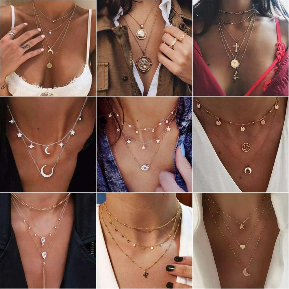 Frosty Metal Multilayer Necklace Female Simple Long Section Personality Cross Moon Clavicle Chain Pendant