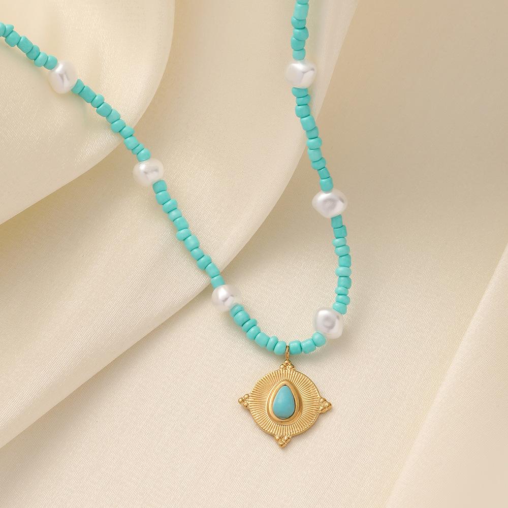 Summer ins ladies short choker stainless steel coin turquoise pearl sun necklace