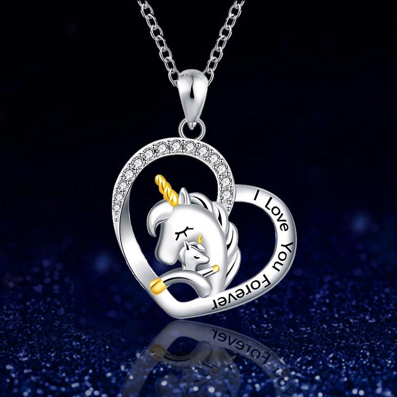 Love-shaped mother-child unicorn diamond lettering necklace female niche design pendant accessories