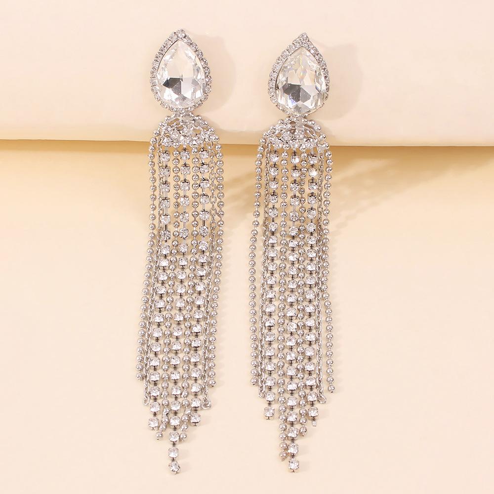 E9278 Jewelry Temperament Fashion Long Tassel Earrings Women's Light Luxury Inlaid Rhinestones Delicate Earrings