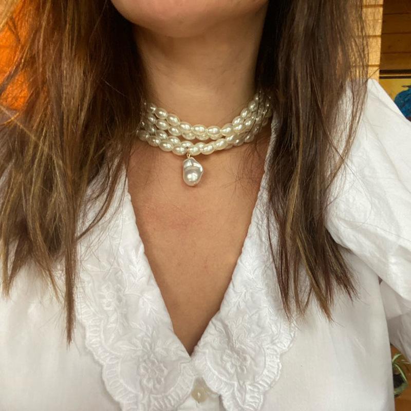 Multilayer Imitation Pearl Opposite Sex Pendant Necklace Geometric Beaded Choker Jewelry