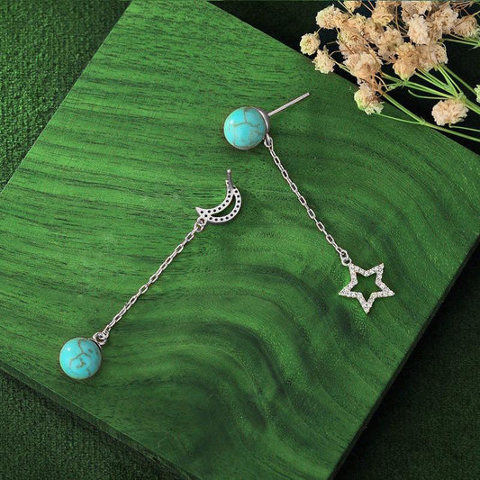 Jewelry Tassel Earrings Female Summer Niche Design Sense Star Moon Inlaid Turquoise Jewelry Accessories