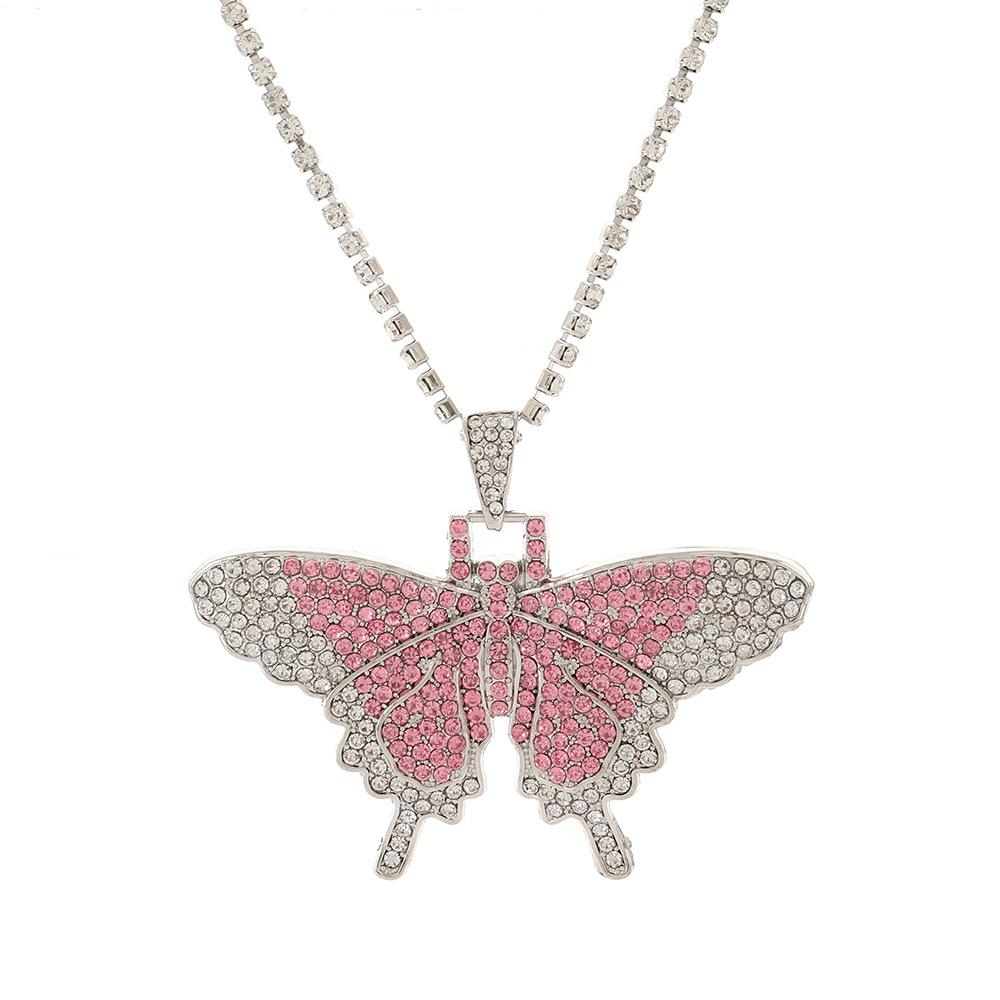 Ins full diamond Cuban butterfly necklace retro personality exaggerated butterfly pendant necklace fashion hip-hop accessories
