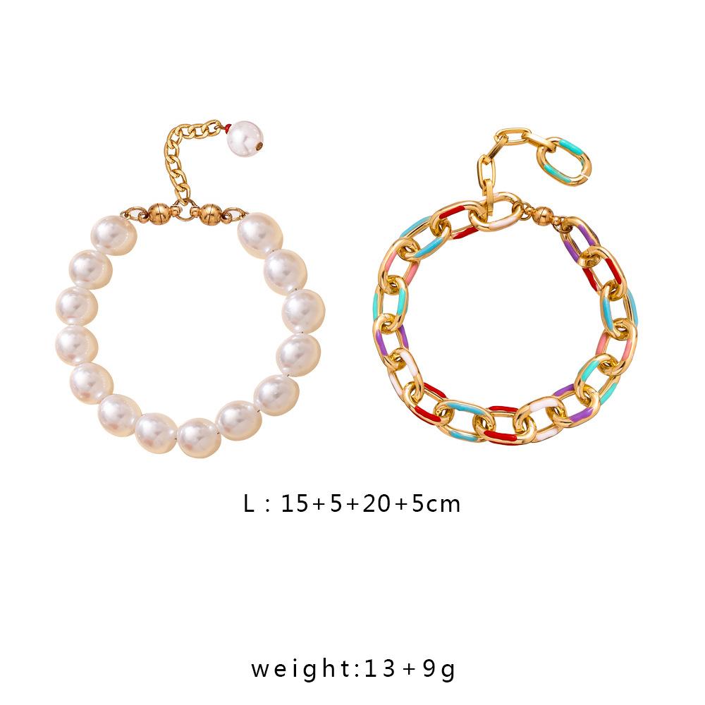 Fashion Double Layer Rainbow Drip Oil Cross Aluminum Chain Pearl Bracelet Simple Temperament Elegant Hand Jewelry Women