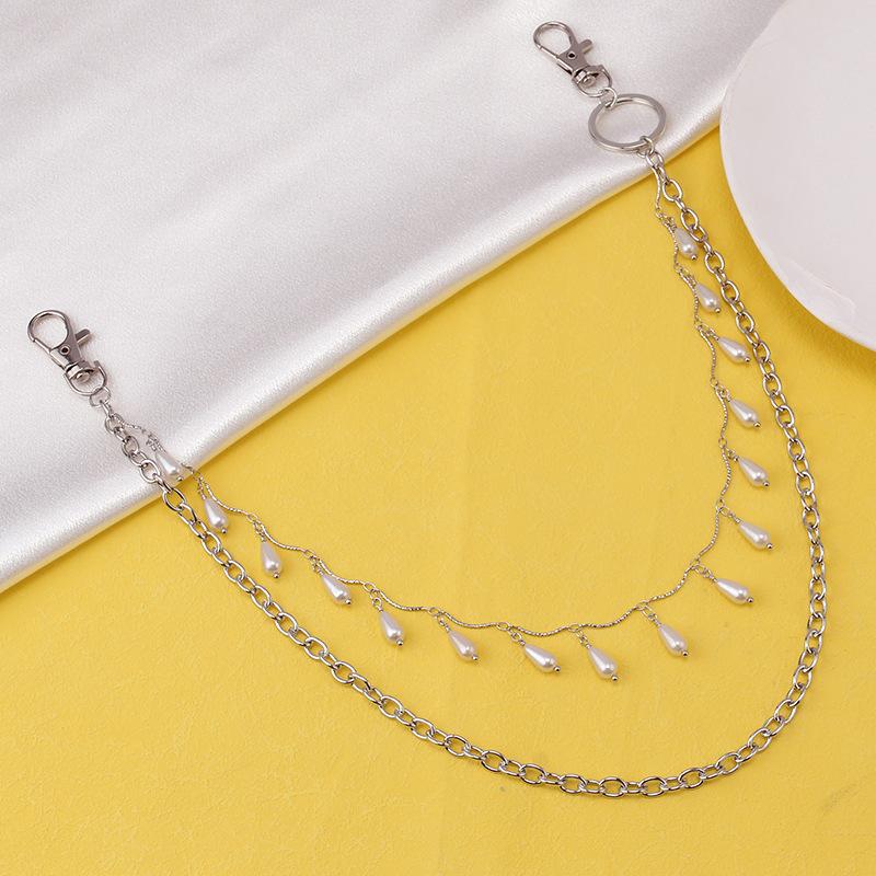 Trouser chain double-layer drop-shaped imitation pearl embellished with personalized geometric retro fashion all-match jeans