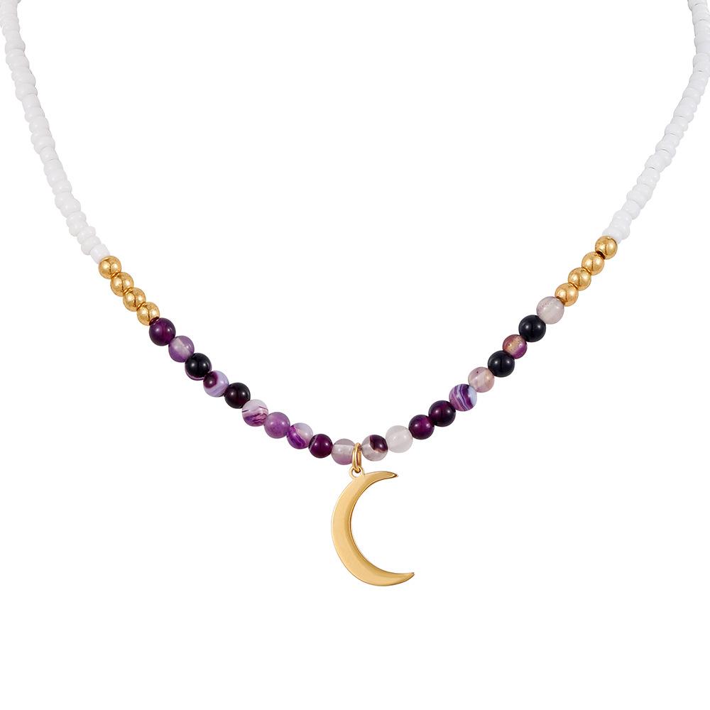 Color Zircon Crescent Pendant Light Luxury Niche Design Sense Short Stainless Steel Moon Beaded Amethyst Stone Necklace