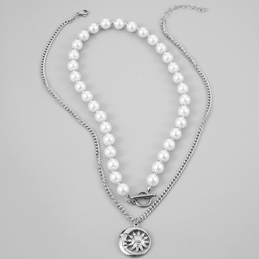 Fashion ins stainless steel double layer pearl moon sun chain advanced retro all-match men's necklace