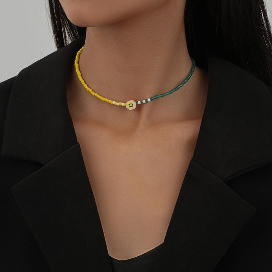 Trendy personality asymmetric rice beads soft pottery cartoon smiley face necklace fashion bohemian beautiful collarbone chain