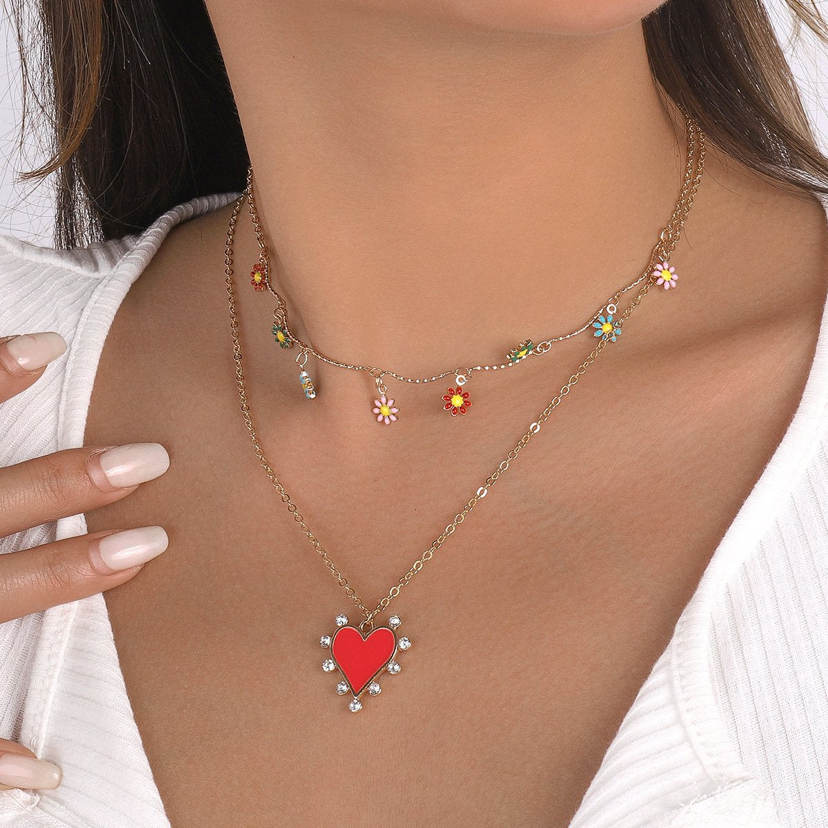 N1152 Small fresh folded collarbone necklace dripping oil love flower micro-inlaid niche fashion necklace for women