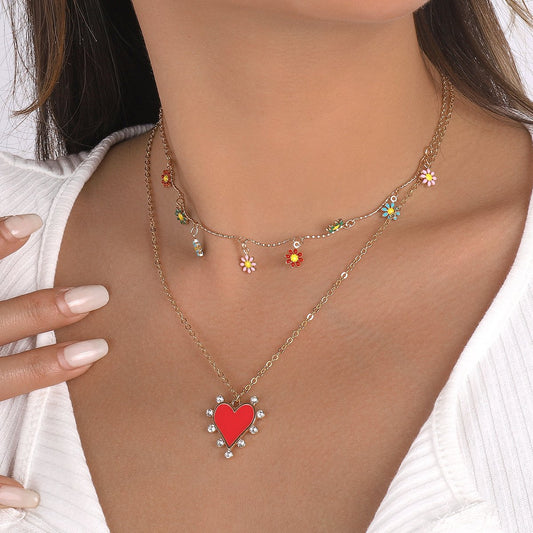 N1152 Small fresh folded collarbone necklace dripping oil love flower micro-inlaid niche fashion necklace for women