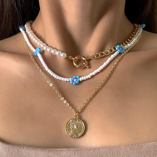 Bohemian Daisy Flower Rice Bead Necklace Retro Simple Metal Figure Imitation Pearl Necklace