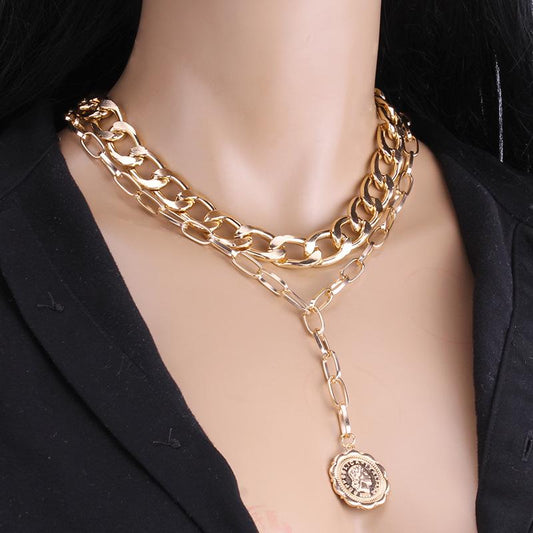 Portrait ins indifferent double-layer alloy necklace female hip-hop niche design clavicle chain year