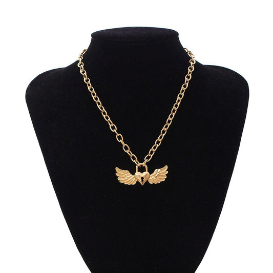 Jewelry Personality Versatile Single-layer Metal Necklace Creative Heart-shaped Wings Hollow Lock Necklace Female