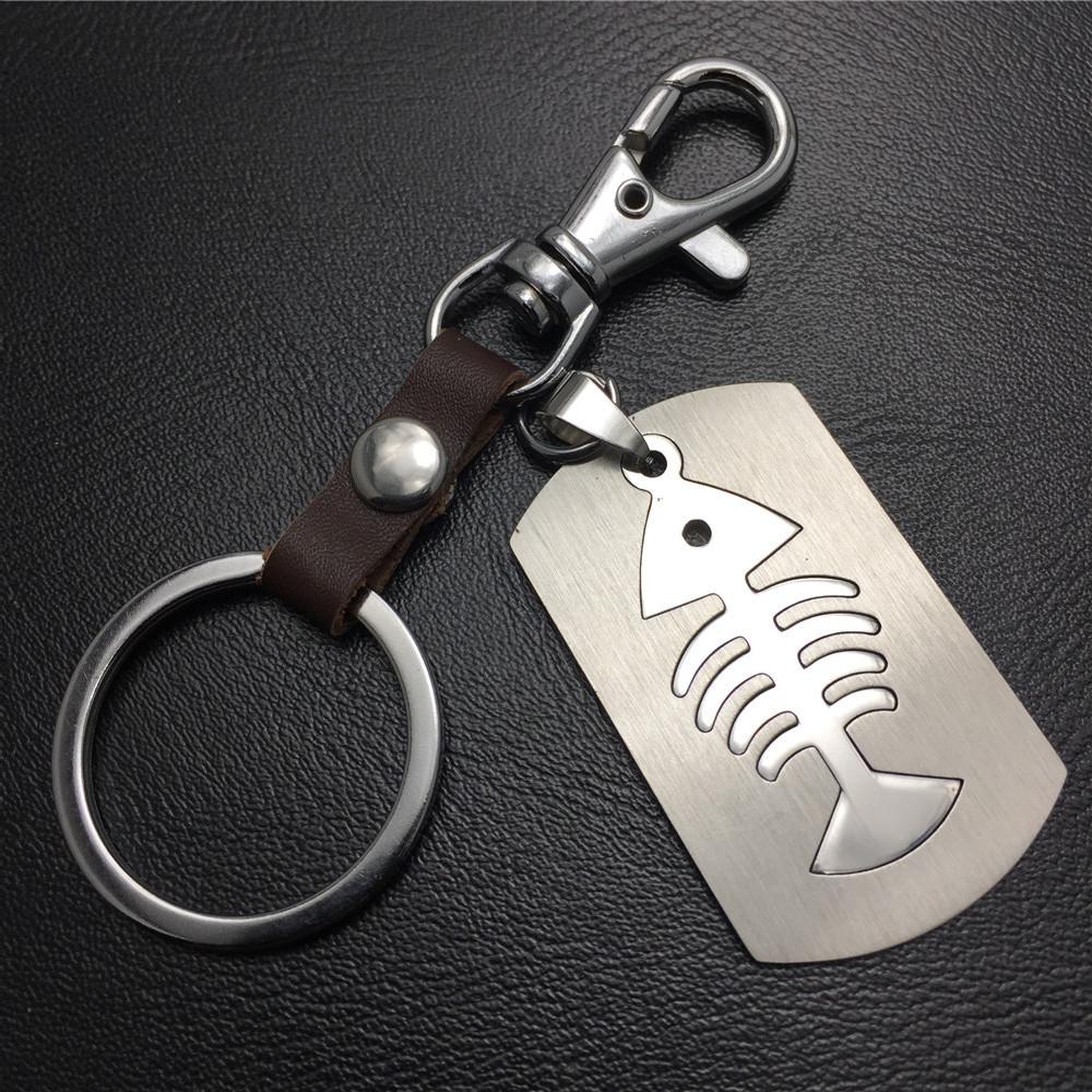 Double-layer fish bone fish rack titanium steel cowhide key chain stainless steel pendant men's waist hanging women's bag pendant