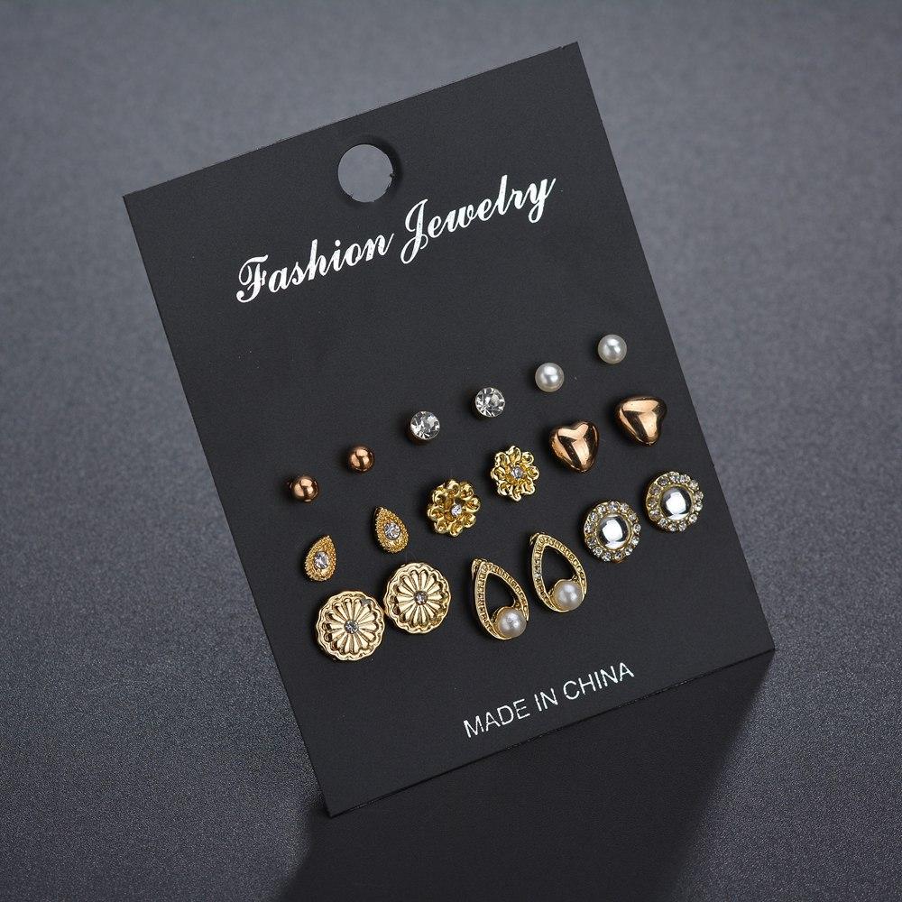 Popular Earrings Rhinestone Heart 9 Pairs Stud Earrings Set Combination