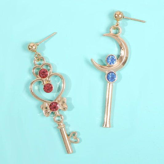 E7131 Creative Sailor Moon Earrings Fashion Color Diamond Moon Key Left and Right AB Style Earrings