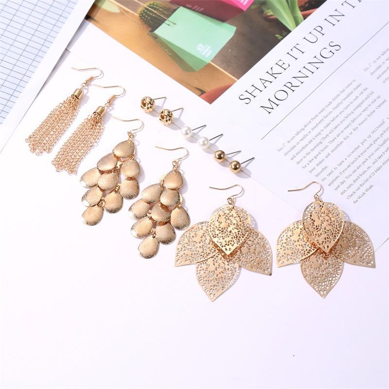 Set Earrings Creative Hollow Leaves Simple Pearl Tassel Stud Earrings 6-Piece Set Earrings