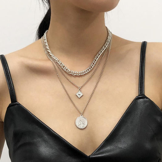 N7987 Necklace Multi-Layered Wearing Round Beauty Head Clavicle Necklace Minority Retro Simple Necklace