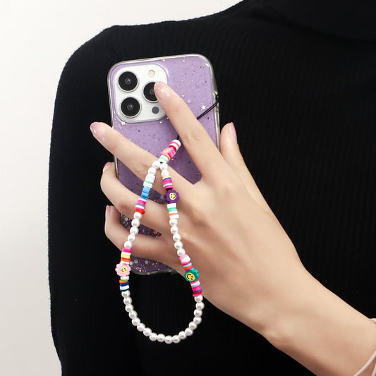 Jewelry ins imitation pearl color soft pottery mobile phone chain beaded pendant anti-lost lanyard accessories