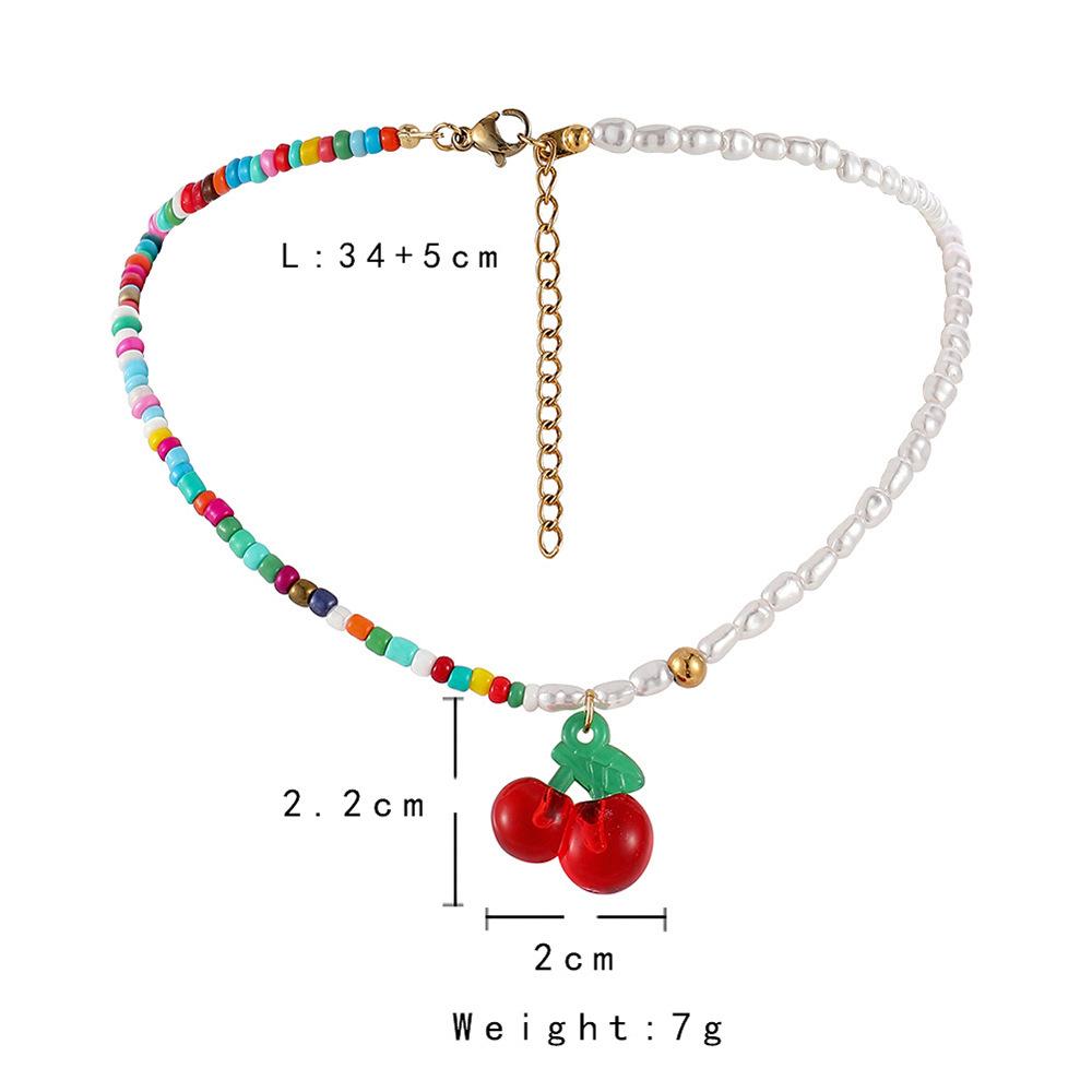 Trendy bohemian color rice beads cherries collarbone chain cute pearl cherry necklace jewelry female