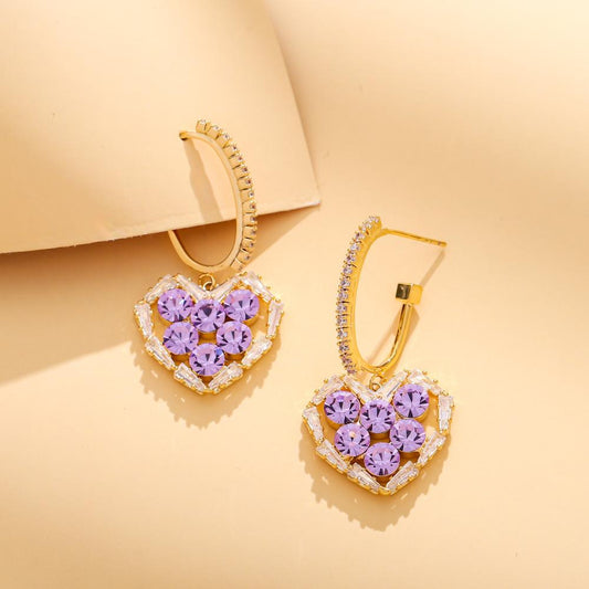 Personality trend heart-shaped zircon temperament purple earrings fashion high-end peach heart temperament earrings for women