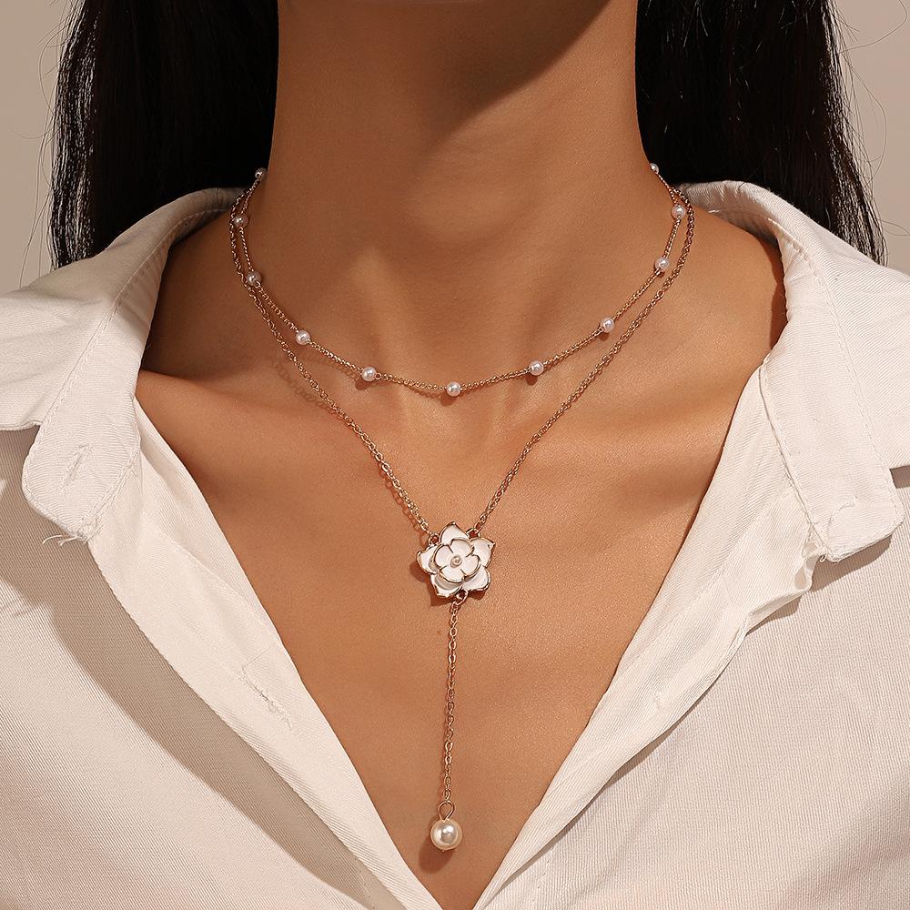 Ins double layered camellia necklace female fashion light luxury niche design pearl pendant sweater chain tide