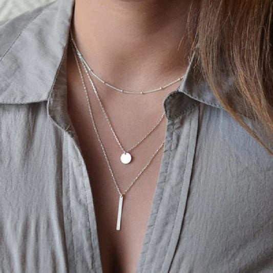 Simple Copper Bead Chain Metal Bar Sequins Fashion Simple Multilayer Necklace Women's Short Necklace