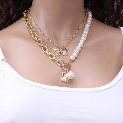 Baroque Pearl Jewelry Metal Butterfly Set Chain Retro Simple OT Buckle Necklace Multilayer Sweater Chain Necklace Female