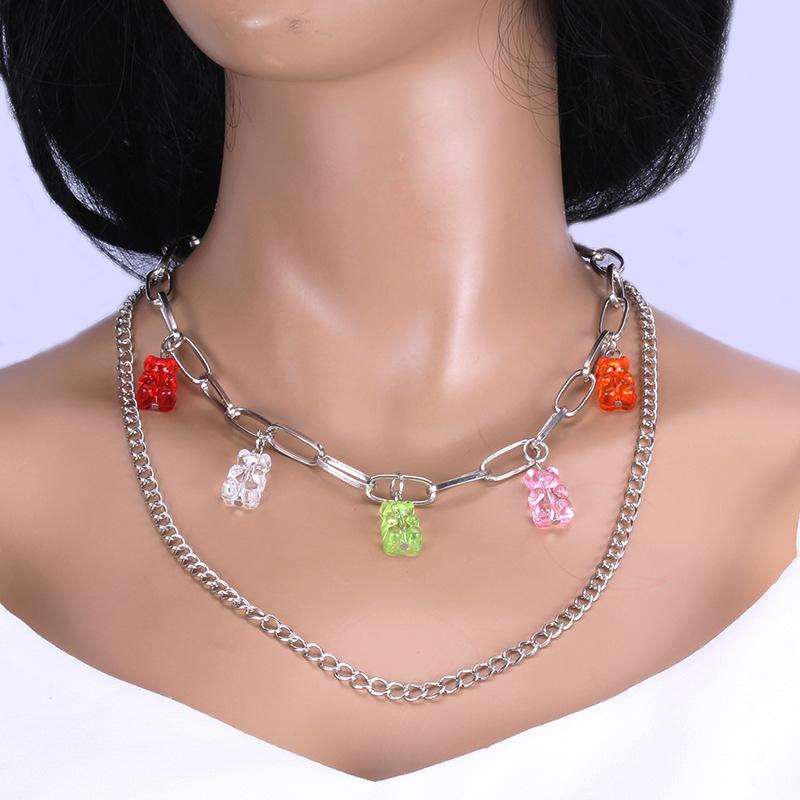 Candy-colored acrylic bear necklace street shooting hip-hop necklace trend youth multi-layer necklace