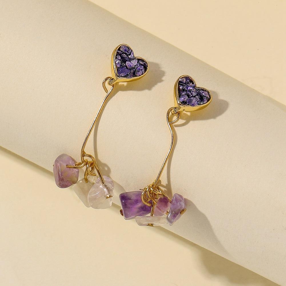 Fashion heart-shaped cute purple gravel earrings temperament long heart tassel rough stone ladies earrings jewelry