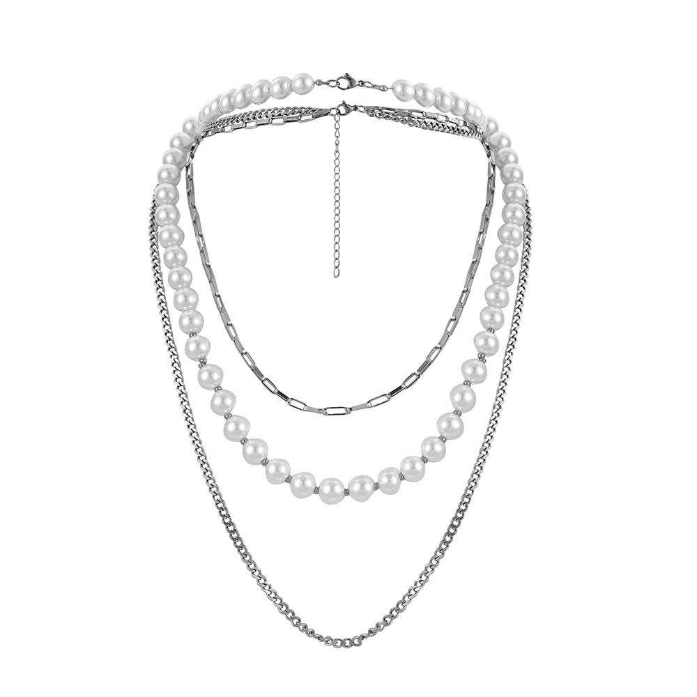 Personalized fashion multi-layer stainless steel pearl necklace titanium steel three-layer trendy hip-hop high street men's collarbone chain