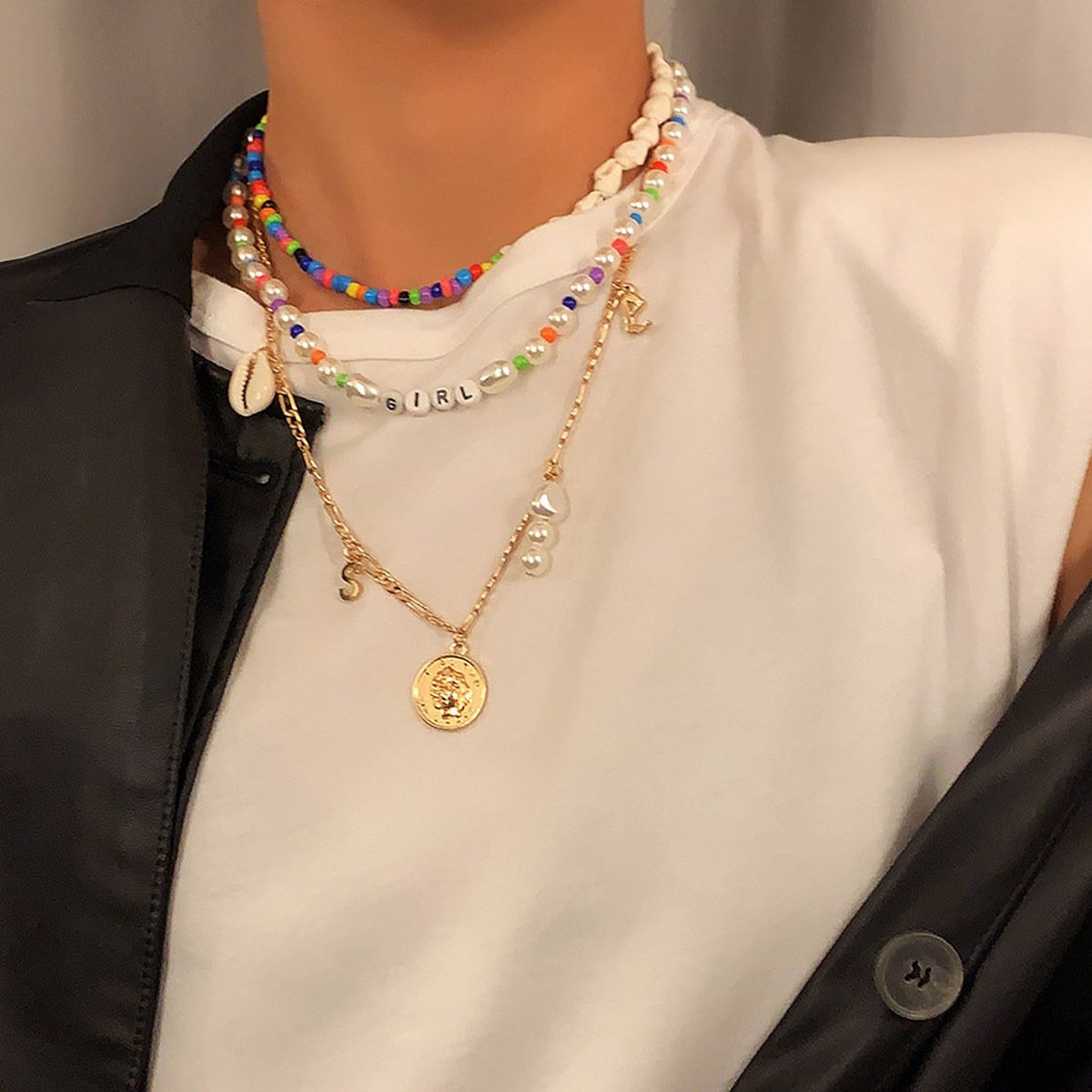 Jewelry Vacation Rice Bead Shell Clavicle Necklace Imitation Pearl Alphabet Portrait Tag Necklace