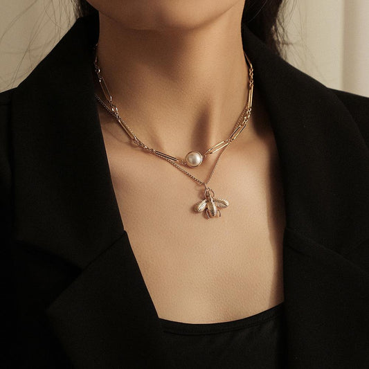 ins double necklace bee pearl clavicle chain temperament fashion design sense necklace chain accessories