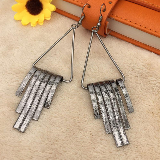 Simple Triangle Ring Vertical Strip Tassel Earrings Yunnan Minority Fashion Metal Earrings