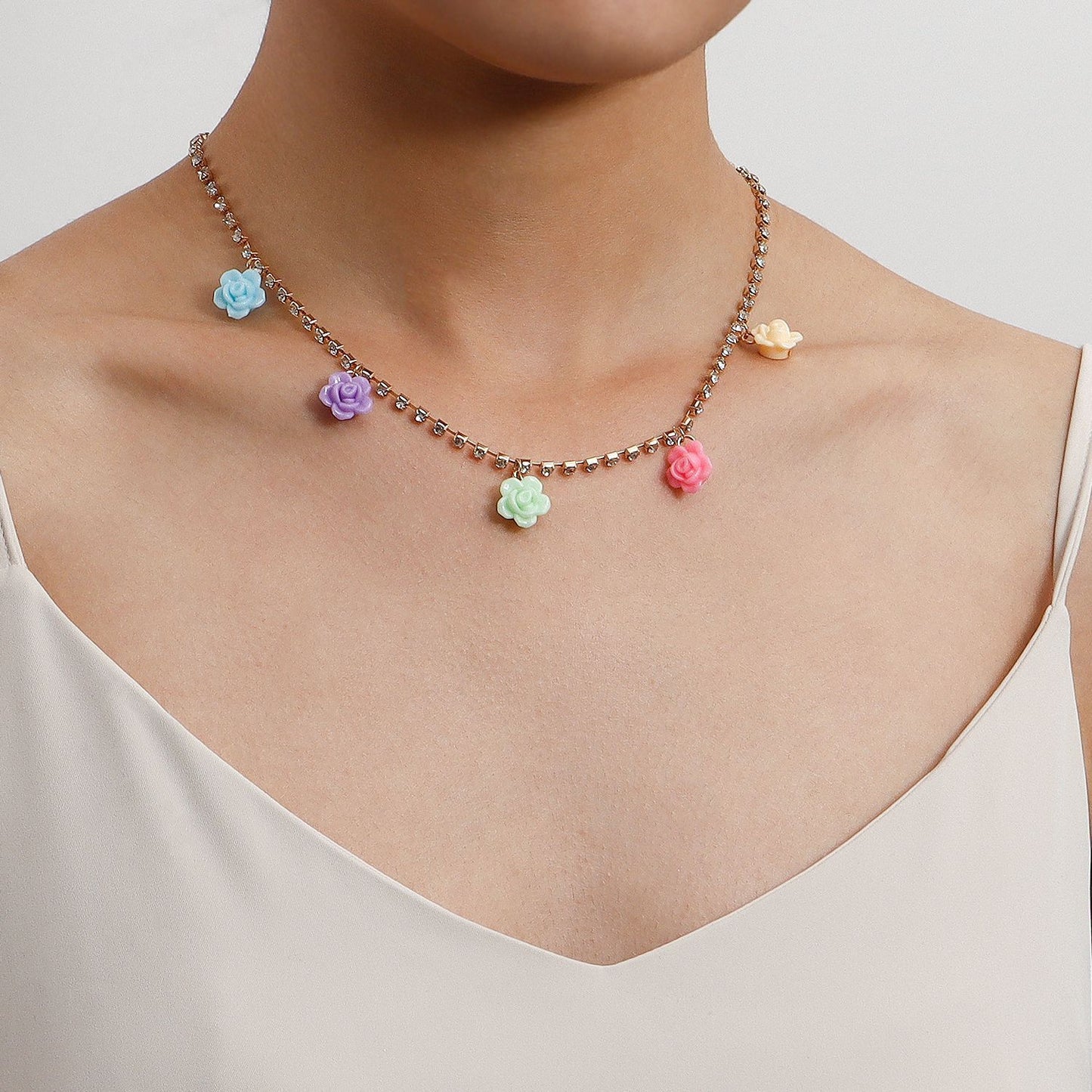 Jewelry ins diamond claw chain colorful flower necklace female choker advanced simple necklace